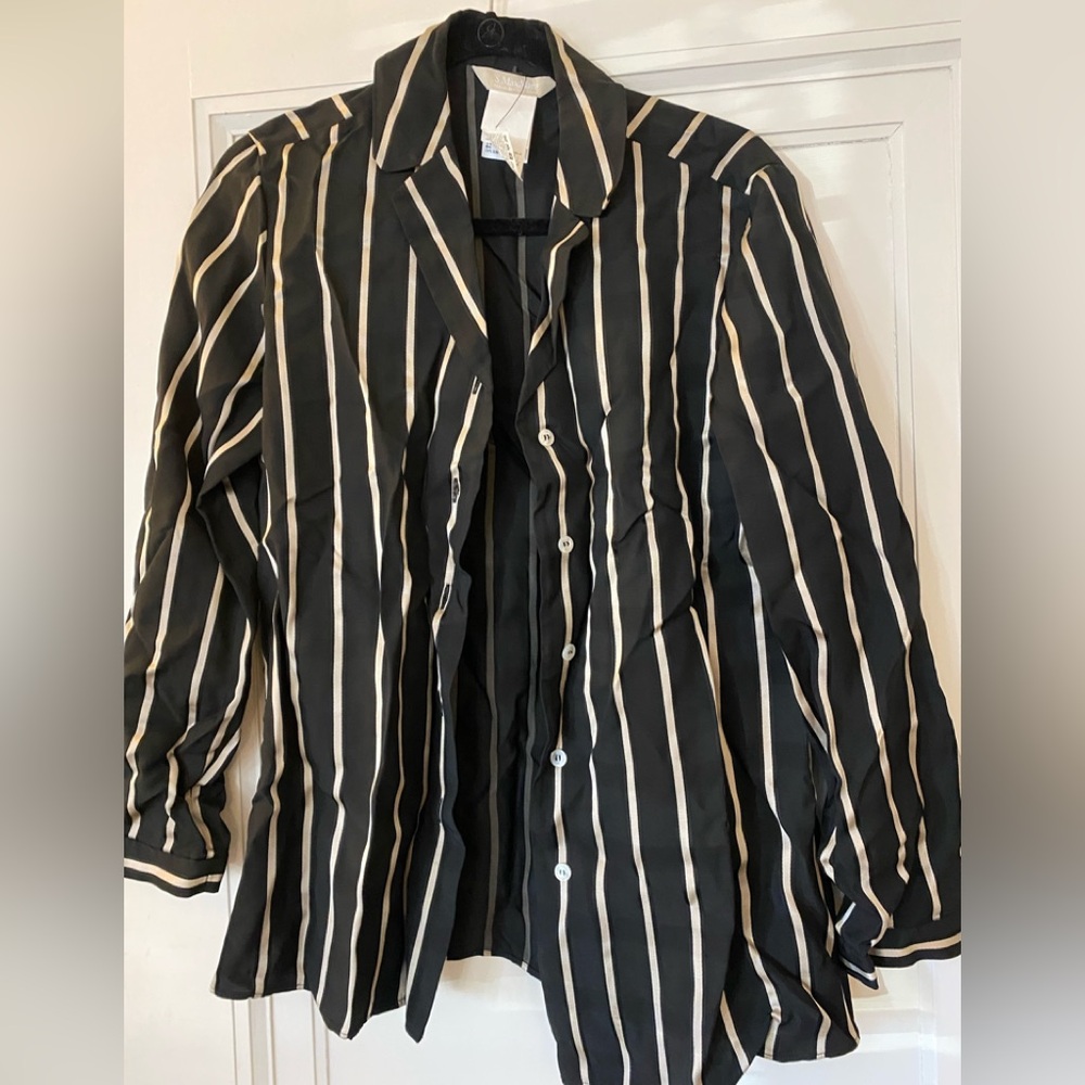 Euc s max mara brand black and tan striped button up blouse. Size 10